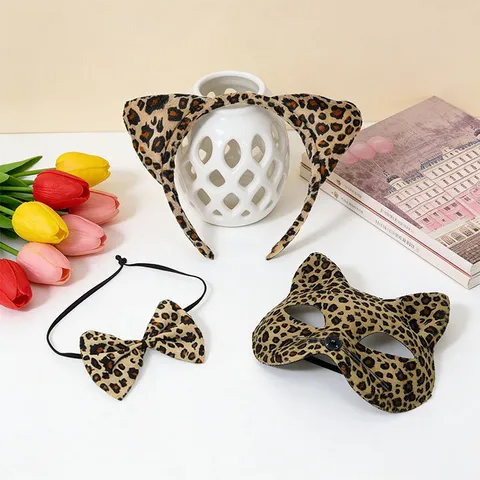 Leopard Print Catwoman Mask Set Halloween Cosplay Costume Accessories Cat Ears Headband Bowtie Tail Party Dress-up Prop Set