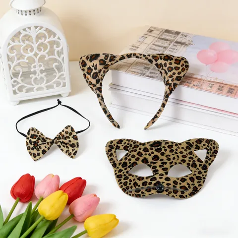 Leopard Print Catwoman Mask Set Halloween Cosplay Costume Accessories Cat Ears Headband Bowtie Tail Party Dress-up Prop Set
