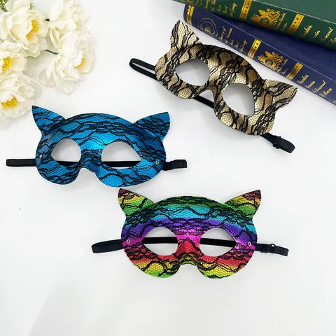 Masque de Bal Masqué en PVC à Paillettes pour Femme Visage de Chat Mystérieux Gothique Maille de Dentelle Halloween Cosplay Masque pour les Yeux Accessoires de Costumes de Fête Festive