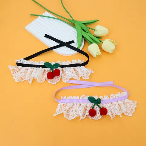 Sweet Lace Pet Bib Scarf Ribbon Tie Comfortable Neckwear Handmade Cherry Decoration Collar For Small Dogs Cats Accessories