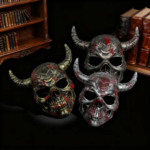 Halloween Horror Skelett Maske Teufelshörner Maskenball Party Cosplay Requisiten Spukhaus Flucht Vintage Metall Stil Kopfbedeckung