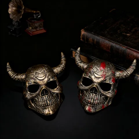 Halloween Horror Skelett Maske Teufelshörner Maskenball Party Cosplay Requisiten Spukhaus Flucht Vintage Metall Stil Kopfbedeckung