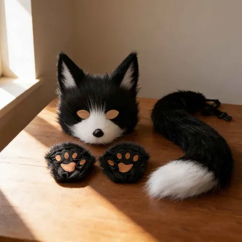 Halloween Kattenmasker Set Immitatiebont Dierenoren Hoofdband Poot Handschoenen Lange Staart Kostuum Set Lolita Cosplay Requisiten