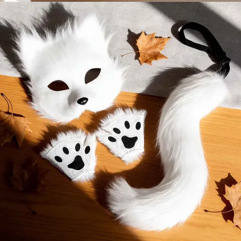 Halloween Kattenmasker Set Immitatiebont Dierenoren Hoofdband Poot Handschoenen Lange Staart Kostuum Set Lolita Cosplay Requisiten