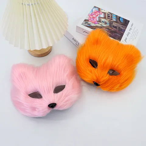 Halloween Fox Cat Mask Half Face Faux Fur Masquerade Mask For Women Men Cosplay Party Props DIY Mask Decorations