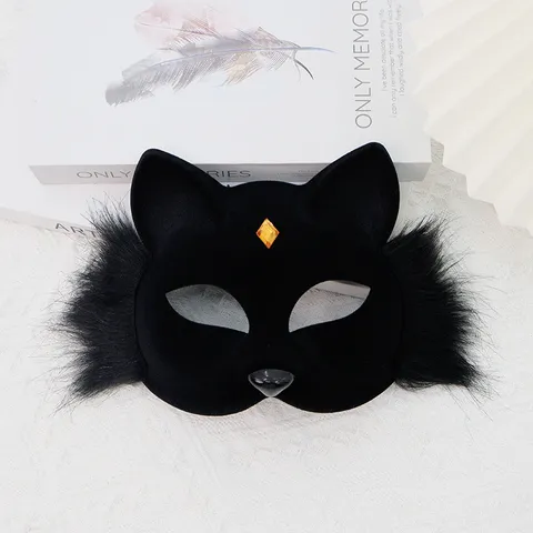 Halloween Plush Fox Faux Fur Half Face Mask Sexy Cat Eye Mask With Rhinestone For Masquerade Party Cosplay Performance Prop