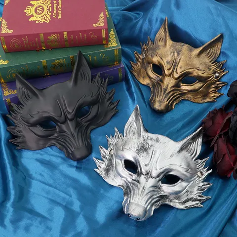 Masque Demi-Visage Renard d'Halloween en Plastique Rétro Vieilli Costume Cosplay Loup pour Bal Masqué Club Bar Fête Accessoires Homme