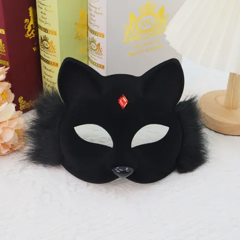 Halloween Plush Fox Faux Fur Half Face Mask Sexy Cat Eye Mask With Rhinestone For Masquerade Party Cosplay Performance Prop