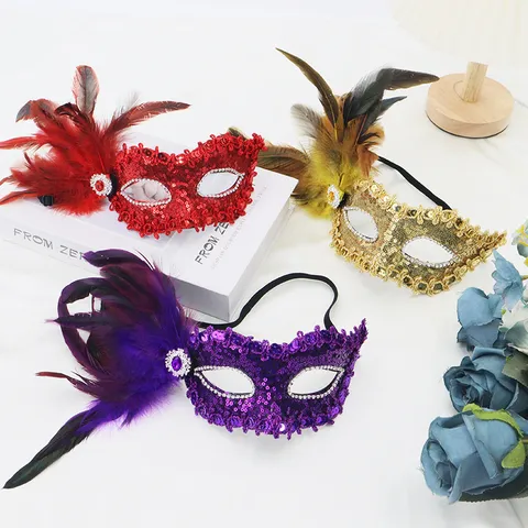 Elegant Sequin Rhinestone Feather Half Face Mask Princess Masquerade Halloween Carnival Party Costume Cosplay Props