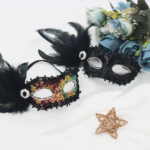Elegant Sequin Rhinestone Feather Half Face Mask Princess Masquerade Halloween Carnival Party Costume Cosplay Props