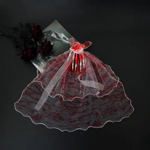 Halloween Blutflecken Spitze Augenmaske Netzschleier Haarklip Set Gothic Dunkel Königin Maskerade Rose Skelett Knochenhand Kostüm Party Zubehör Für Damen