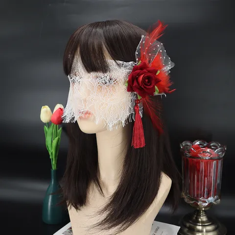 Maschera per Occhi in Pizzo Rosa Rossa Piuma Nappe Sexy Regina della Festa Misteriosi Accessori per Ballo in Maschera per Donna