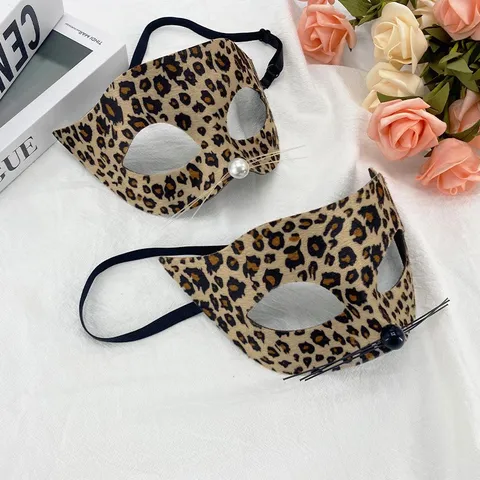 Ensemble de Masque Imprimé Léopard Sexy Mascarade Accessoires de Déguisement Bandeau Oreille de Chat Nœud Papillon Femme