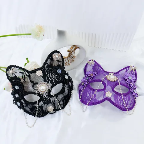 Halloween Lace Half Face Cat Mask For Women Masquerade Cosplay Costume Party Rhinestone Pearl Tassel Catwoman Headwear Decor