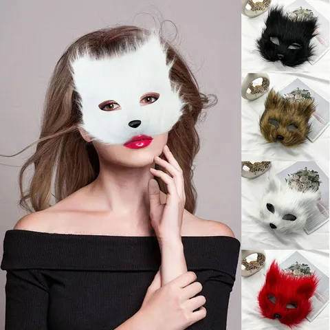Halloween Kunstpelz Langhaar Fuchs Maske Halbgesicht Katze Maske Cosplay Party Maskerade Kostüm Dekoration Tier Zubehör