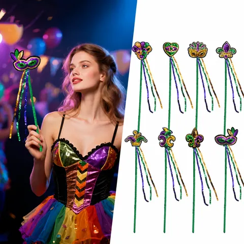 Braziliaanse Carnaval Pailletten Handheld Stok Masquerade Feest Performance Rekwisieten Lelie Kroon Clown Hartvorm Quast Toverstaf Accessoires
