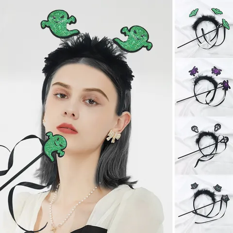 Halloween Black Feather Headband And Magic Wand Set Skull Ghost Spider Hair Accessories Party Costume Props