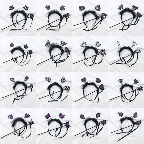 Juego de Diadema Negra de Halloween Con Varita Lentejuelas Brillantes Calabaza Calavera Telaraña Banda para Cabello Plumas Suaves Varita para Fiesta de Cumpleaños Actuación Accesorio Unisex