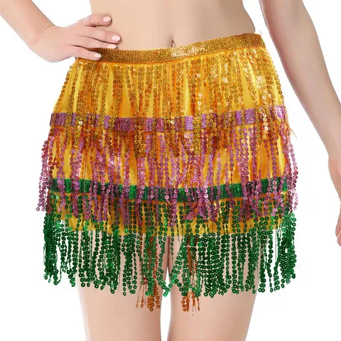 Carnival Party Belly Dance Sequin Tassel Skirt 4 Layers Hip Scarf Waist Wrap For Performance Women Festival Dancewear