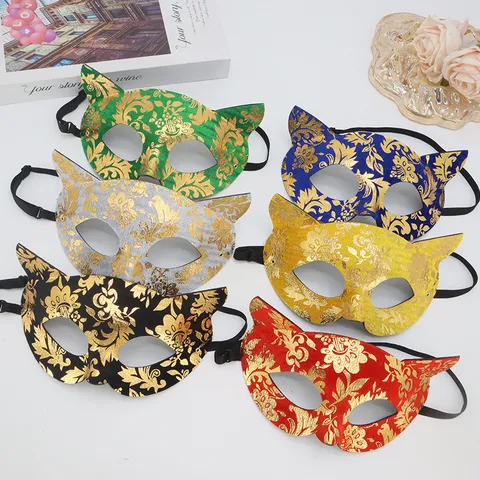 Masque de Chat Vénitien pour Femmes PVC Motif Floral Doré Vintage Loup Masque Halloween Carnaval Fête Accessoires de Costume