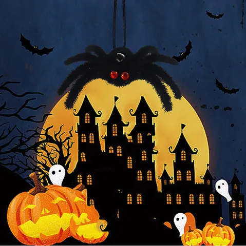 Halloween Flocked Spider Hanging Decoration Simulation Spider With Rhinestone And Hanging Rope Party Props