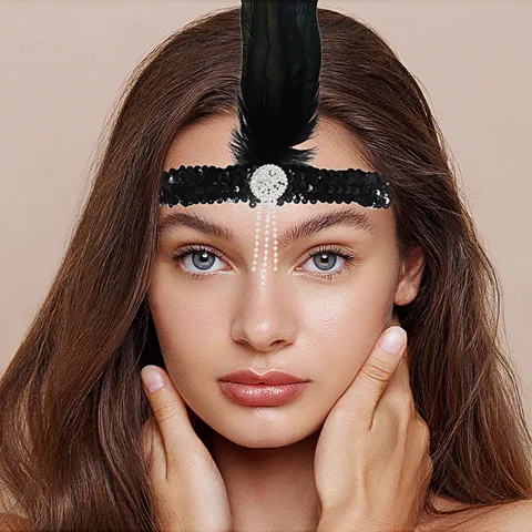 1920s Vintage Feather Headband Gatsby Rhinestone Tassel Elastic Hair Band Women Retro Party Hair Accessories Jewelry