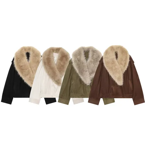 Fashion Loose Artificial Fur Suede Texture Jacket Women Vintage Faux Fur Collar Oversized Short Coat Outerwear