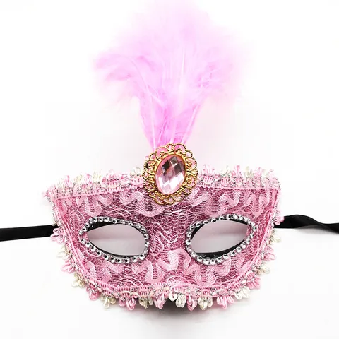 Exquisita Máscara de Tres Plumas para Mujer Plástico Encaje Diamante de Imitación Pintado Máscara de Fiesta Halloween Carnaval Accesorios de Disfraz