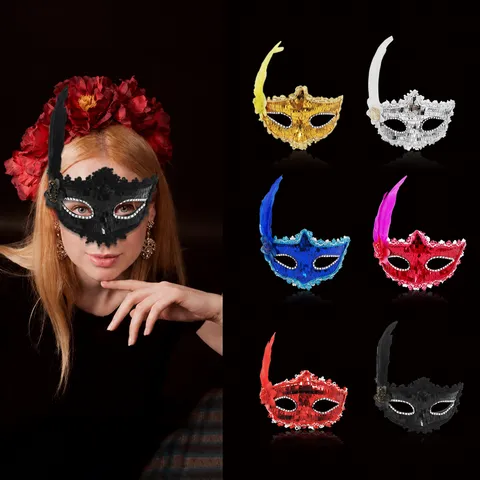 Vintage Masquerade Mask With Sequin Side Flower Feather Party Mask For Halloween Christmas Carnival Banquet Women Masquerade Props