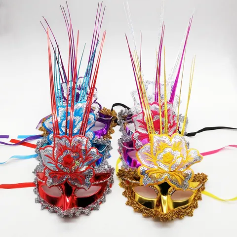 LED Glowing Masquerade Mask Electroplated Floral Lace Halloween Party Mask Sequin Feather Tassel Mask For Women Carnival Costume Prop
