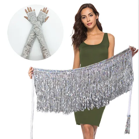 Women Sequin Fringe Dance Skirt Fingerless Arm Sleeves Set Shiny Tassel Belly Dance Costume Hawaiian Party Stage Wear
