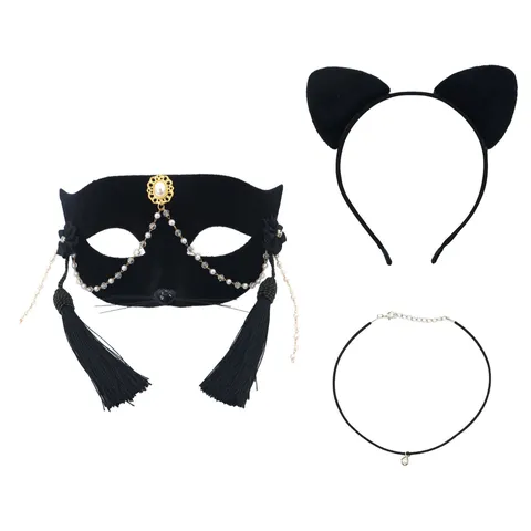 Halloween Cat Face Mask With Tassel Rhinestone Flocking Headband Bell Collar Long Gloves Masquerade Cosplay Party Accessory