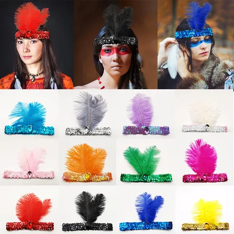Ethno Indisches Pailletten Strass Feder Stirnband Für Aufführung Party Pailletten Stirnband Haar Elastischer Kopfschmuck Zubehör Für Erwachsene Kinder