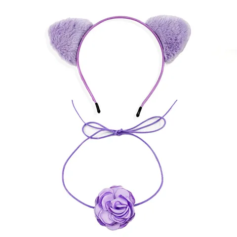 Plush Cat Fox Ear Headband With Lace Mask Flower Choker For Women Girls Cosplay Party Daily Hair Accessories Set