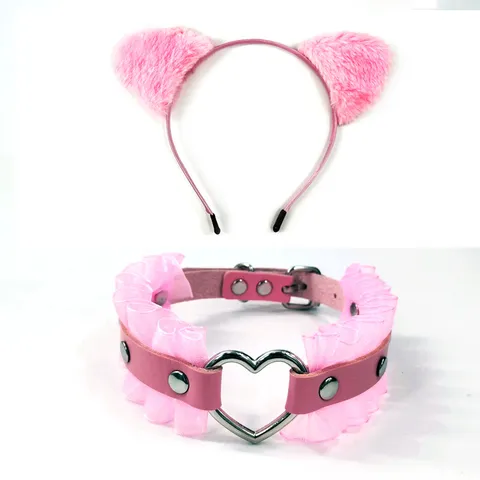 Plush Cat Fox Ear Headband With Lace Mask Flower Choker For Women Girls Cosplay Party Daily Hair Accessories Set