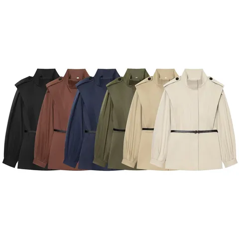 Trench Casual Minimalista con Cintura da Donna Tinta Unita Collo alla Coreana Manica Lunga Elegante