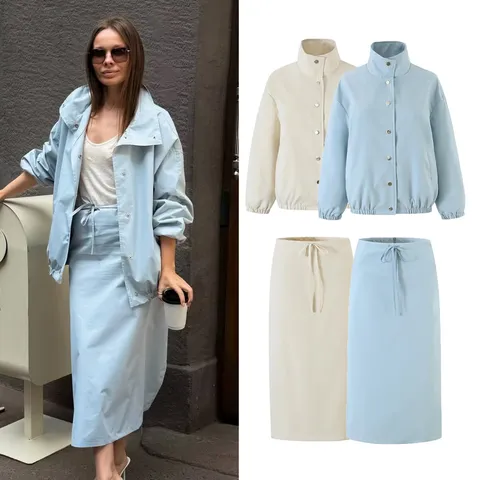 Women's Casual Fashion Loose Lapel Jacket Coat And Drawstring Skirt Suit Female Fall Winter Clothing Set