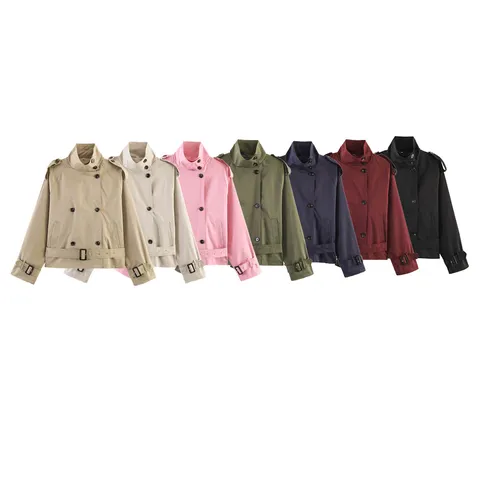 Women's Casual Loose Belted Double Breasted Stand Collar Trench Coat European Style Long Sleeve Outerwear Female Clothing