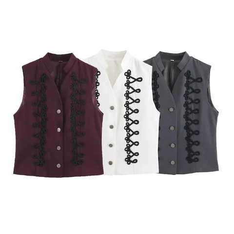 Women's Fashion Slim Fit Stand Collar Single-Breasted Sleeveless Vest Vintage Knot Embroidered Casual Waistcoat Top