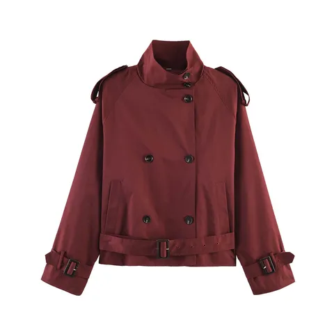 Women's Casual Loose Belted Double Breasted Stand Collar Trench Coat European Style Long Sleeve Outerwear Female Clothing