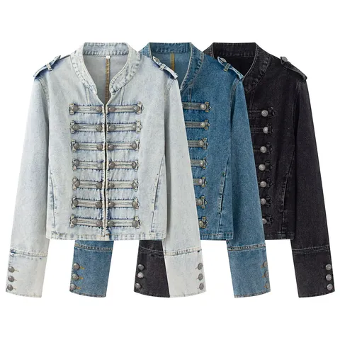 Women Fashion Denim Jacket Stand Collar Long Sleeve Cotton Jacket Military Style Knot Decoration Double Breasted Outerwear Top For Women