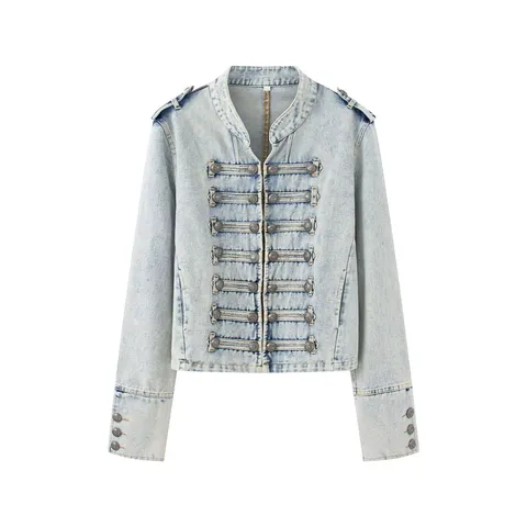 Women Fashion Denim Jacket Stand Collar Long Sleeve Cotton Jacket Military Style Knot Decoration Double Breasted Outerwear Top For Women
