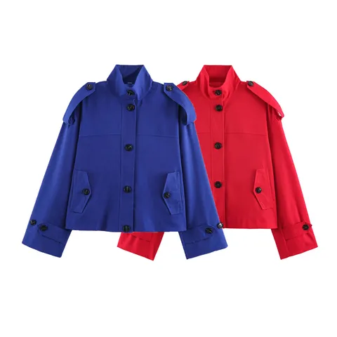 Womens Casual European American Style Cotton Linen Trench Coat Short Loose Stand Collar Long Sleeve Jacket With Pockets