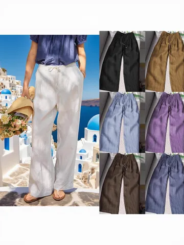 Women French Retro Cotton Wide Leg Pants Drawstring Summer Vacation Style Straight Casual High Waist Trousers For Beach Wear