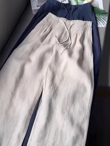 Women French Retro Cotton Wide Leg Pants Drawstring Summer Vacation Style Straight Casual High Waist Trousers For Beach Wear