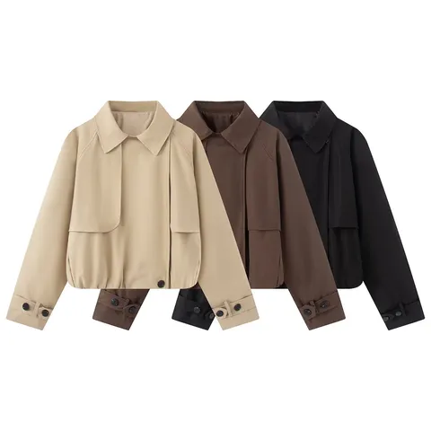 Women Casual Loose Trench Coat Short Single Breasted Polo Collar Long Sleeve Outerwear French Fashion Chic Jacket