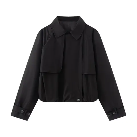 Women Casual Loose Trench Coat Short Single Breasted Polo Collar Long Sleeve Outerwear French Fashion Chic Jacket