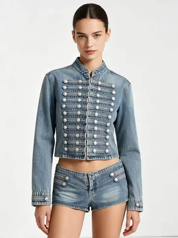 Women Fashion Streetwear Denim Jacket And High Waist Shorts Two Piece Set Stand Collar Long Sleeve Button Casual Outfit