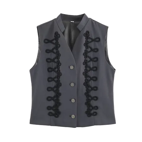 Women's Fashion Slim Fit Stand Collar Single-Breasted Sleeveless Vest Vintage Knot Embroidered Casual Waistcoat Top