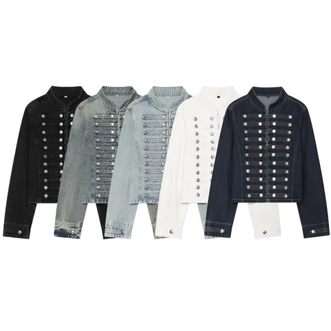 Damen Mode Stehkragen Jeansjacke Vintage Langarm Zweireihig Knopf Kurzer Mantel Oberbekleidung